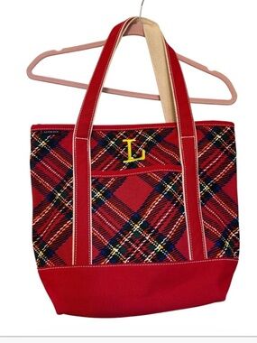 Lands’ End Red Tartan Plaid Canvas Tote Bag Christmas Holiday L Monogram